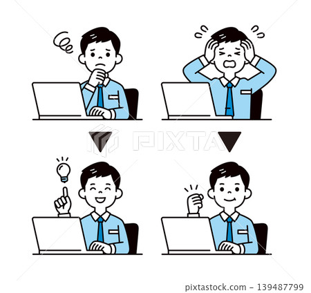 A set of vector illustrations of the upper body of a businessman at his desk, depicting the resolution or improvement of a problem. A set of vector illustrations of the upper body of a businessman at his desk, depicting the resolution or improvement of a problem. 139487799
