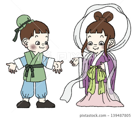 一男一女裝扮成七夕節的織姬和牛郎。 139487805