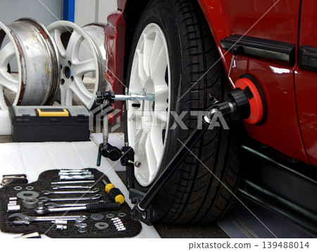 Measuring equipment for the diagnostic car wheels at open air service  139488014