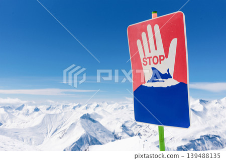Sign on background Landscape of snowy mountains, Gudauri Ski Resort Georgia Sign on background Landscape of snowy mountains, Gudauri Ski Resort Georgia 139488135