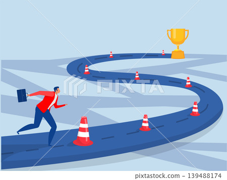 A businessman runs on a path of milestones towards a trophy, career journey or business plan to reach target, achievement or step to develop and ambition achieve goal,Roadmap to future success A businessman runs on a path of milestones towards a trophy, career journey or business plan to reach target, achievement or step to develop and ambition achieve goal,Roadmap to future success 139488174