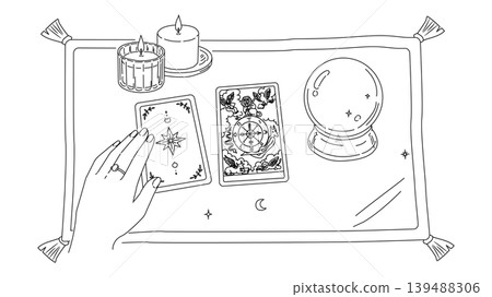 A line drawing illustration of a fortune teller's hands and the "Wheel of Fortune" tarot card. 139488306