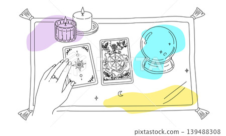 A stylish, accent-color illustration of a fortune teller's hands and the "Wheel of Fortune" tarot card. 139488308