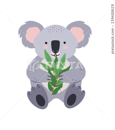 Cute koala eats eucalyptus leaves. Vector illustration of cartoon animal of Australia. Flat style Cute koala eats eucalyptus leaves. Vector illustration of cartoon animal of Australia. Flat style 139488629