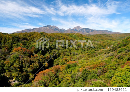 從八岳高原大橋眺望：八嶽山脈和山谷中秋色斑斕的景色，映襯著藍天白雲。 Ver2 139488631