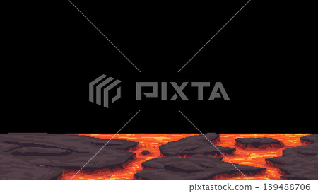 Pixel art lava rocky terrain background Pixel art lava rocky terrain background 139488706