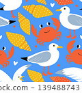 Vector seamless pattern with funny crabs and seagulls on the sea 139488743