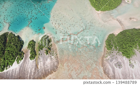 French Polynesia, Rangiroa island: Capturing stunning aerial view of Rangiroa motu atoll with white sand beach and crystal clear water. Wild nature travel landscape. Drone flight , top down French Polynesia, Rangiroa island: Capturing stunning aerial view of Rangiroa motu atoll with white sand beach and crystal clear water. Wild nature travel landscape. Drone flight , top down 139488789