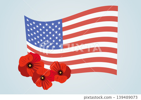 American flag with red poppy flower. USA Memorial day symbol. American flag with red poppy flower. USA Memorial day symbol. 139489073