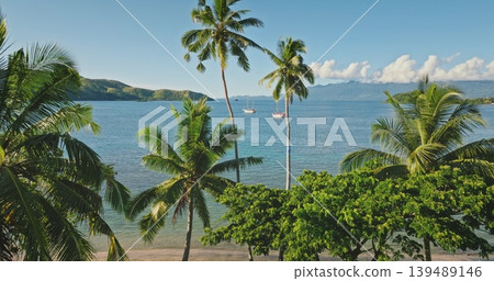 Tropical beach in Fiji featuring lush green palm trees swaying along the shoreline with two sailboats anchored in the turquoise ocean, framed by distant islands under a clear blue sky 139489146