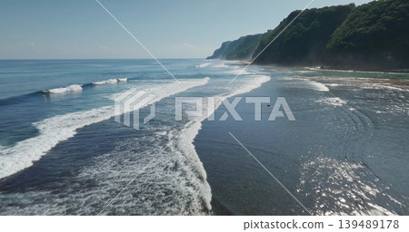 Bali island, Bukit coastline with rolling Pacific waves washing pristine tropical beach under clear blue sky, aerial wide angle view panorama of serene, sunlit shoreline and cliffs. Natural background Bali island, Bukit coastline with rolling Pacific waves washing pristine tropical beach under clear blue sky, aerial wide angle view panorama of serene, sunlit shoreline and cliffs. Natural background 139489178