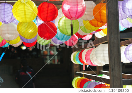 The approach to the shrine, illuminated by traditional Japanese lanterns. 139489200