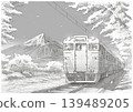 Local Japanese train with Mount Fuji and cherry blossoms in background pencil sketch 139489205