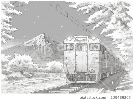 Local Japanese train with Mount Fuji and cherry blossoms in background pencil sketch Local Japanese train with Mount Fuji and cherry blossoms in background pencil sketch 139489205