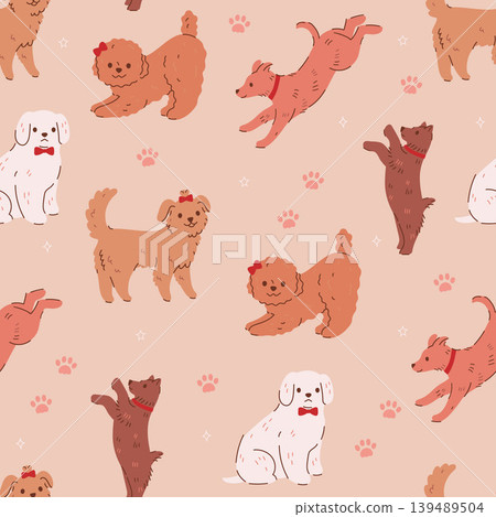 Seamless pattern with cute dogs in caramel tones. Vector graphics. Seamless pattern with cute dogs in caramel tones. Vector graphics. 139489504