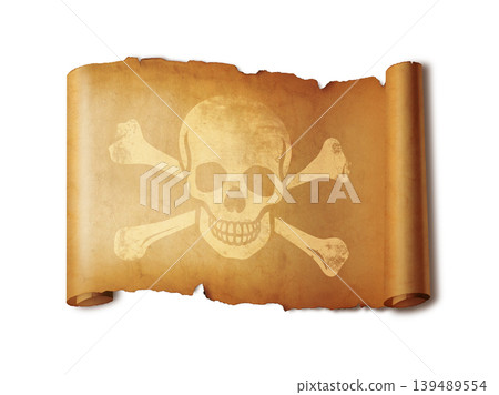 Old Pirate skull parchment scroll isolated on white Old Pirate skull parchment scroll isolated on white 139489554