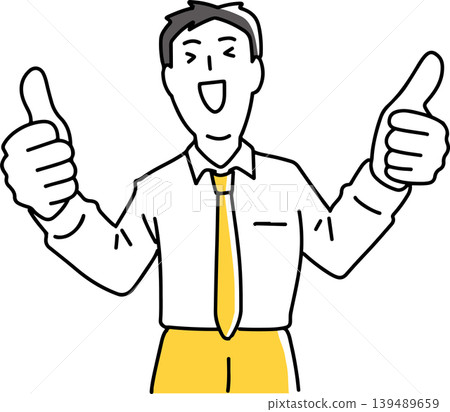 A male employee strikes a double thumbs-up pose. A male employee strikes a double thumbs-up pose. 139489659