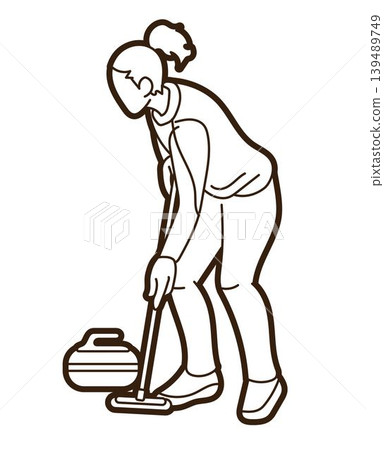 Curling Sport Female Player Cartoon Graphic Vector Illustration Athletes Competing on Ice Rink 139489749