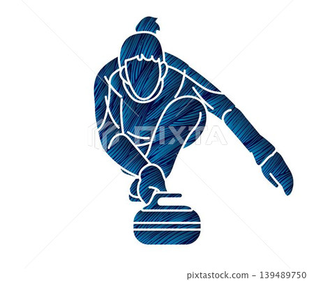 Curling Sport Female Player Cartoon Graphic Vector Illustration Athletes Competing on Ice Rink 139489750