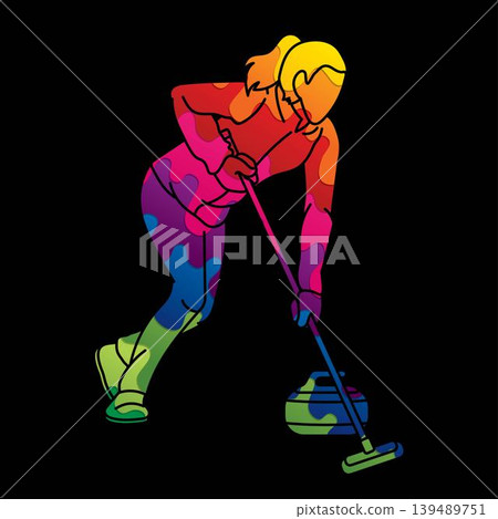 Curling Sport Female Player Cartoon Graphic Vector Illustration Athletes Competing on Ice Rink Curling Sport Female Player Cartoon Graphic Vector Illustration Athletes Competing on Ice Rink 139489751