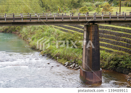Narrow Railway Bridge Over Mountain River with Stone Embankment 139489911