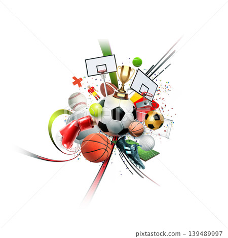 Dynamic Sports Collage with Iconic Equipment and Trophy 139489997