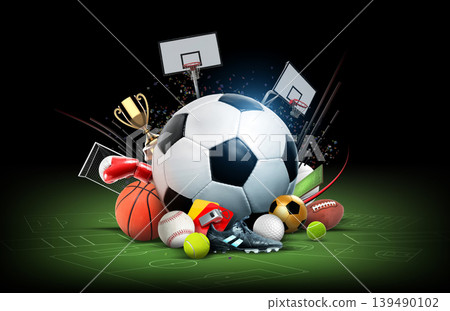 Dynamic Sports Collage with Iconic Equipment and Trophy on green field,3d rendering. Dynamic Sports Collage with Iconic Equipment and Trophy on green field,3d rendering. 139490102