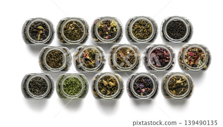Large assortment of teas in the form of a frame on a white background. The view from the top Large assortment of teas in the form of a frame on a white background. The view from the top 139490135