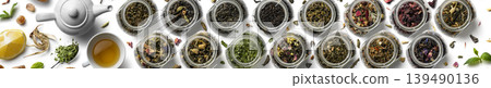 Large assortment of tea on a white background. The view from the top 139490136