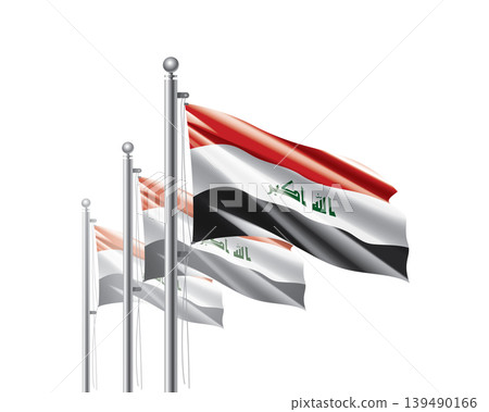 Brightly shining Iraq flags wave proudly on tall masts during official celebration events Brightly shining Iraq flags wave proudly on tall masts during official celebration events 139490166