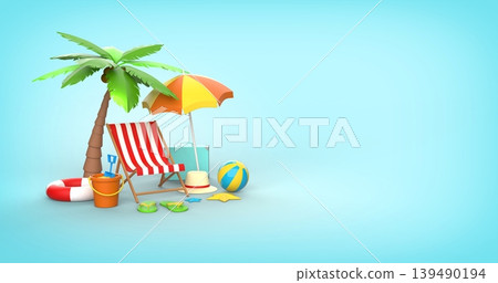 Beach Paradise with Palm Tree and Summer Accessories on blue background, travel concept, 3d rendering. 139490194