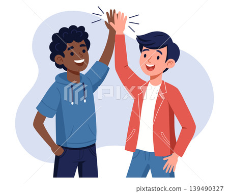 Two young men giving high five to each other in celebration. Illustration. Two young men giving high five to each other in celebration. Illustration. 139490327