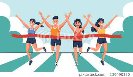 Group of runners crossing finish line. Happy people running on finish line. Sport illustration. 139490330
