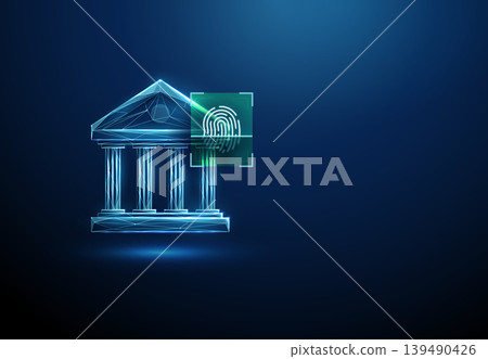 3d blue bank icon with fingerprint inside scanning frame. Secure banking authentication, biometric verification, identity recognition, mobile banking security concept. 3d blue bank icon with fingerprint inside scanning frame. Secure banking authentication, biometric verification, identity recognition, mobile banking security concept. 139490426