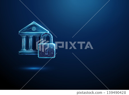 3d blue bank icon with lock. Secure banking system, financial data protection, encrypted transactions, access control, user authentication, fraud prevention concept. 3d blue bank icon with lock. Secure banking system, financial data protection, encrypted transactions, access control, user authentication, fraud prevention concept. 139490428