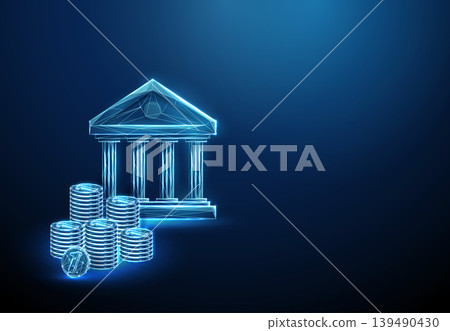 3d blue bank icon with stacks of coins. Financial accumulation, savings growth, capital management, investment returns, asset management, interest earnings concept 139490430