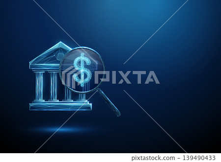3d blue bank icon under magnifying glass with dollar sign inside. Financial analysis, transaction tracking, revenue monitoring, banking performance evaluation concept. 3d blue bank icon under magnifying glass with dollar sign inside. Financial analysis, transaction tracking, revenue monitoring, banking performance evaluation concept. 139490433