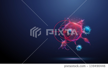 3d tumor under target crosshair with viruses around. Oncolytic virotherapy, targeted cancer treatment, selective tumor destruction, viral therapy, precision oncology concept 3d tumor under target crosshair with viruses around. Oncolytic virotherapy, targeted cancer treatment, selective tumor destruction, viral therapy, precision oncology concept 139490446