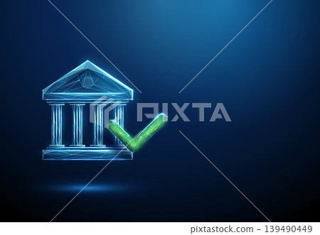 3D blue bank icon and confirm icon. Banking approval, transaction success, payment verification, financial trust, secure transfer, customer safety, agreement concept 139490449