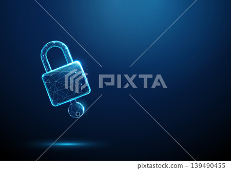 3D blue key in lock. Cybersecurity, access control, data privacy, encryption, secure login, password authentication, biometric defense, identity protection concept 139490455
