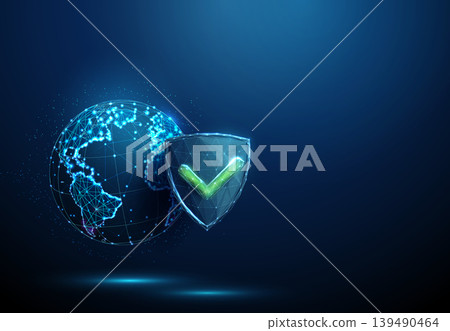 3D blue planet earth and shield with green tick. Global protection, environmental safety, ecology defense, world security, sustainable approval, planet care concept 3D blue planet earth and shield with green tick. Global protection, environmental safety, ecology defense, world security, sustainable approval, planet care concept 139490464