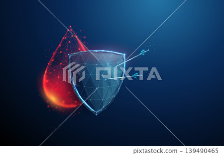 3D blue shield with arrows and drop of blood. Healthcare defense, immunity protection, medical safety, vaccine shield, blood research, infection prevention concept 3D blue shield with arrows and drop of blood. Healthcare defense, immunity protection, medical safety, vaccine shield, blood research, infection prevention concept 139490465