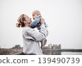 Tender woman caressing her little baby boy infant child outdoors on autumn trip to Secovlje salinas landscape park, Slovenia. Mother's unconditional love for her child 139490739
