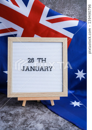 Letterboard with text 26th JANUARY national day promotions. Trendy patriotic mockup with date emphasis Australian flag Letterboard with text 26th JANUARY national day promotions. Trendy patriotic mockup with date emphasis Australian flag 139490796