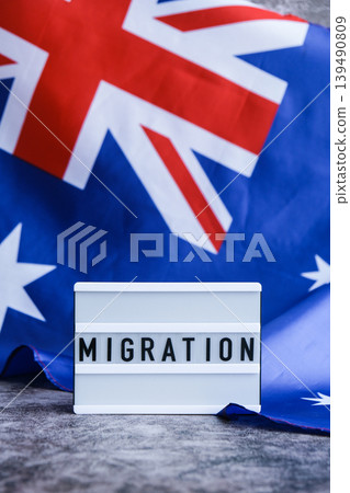 Message MIGRATION on background of Australian flag made from silk. Australia national flag with concept of tourism and traveling. welcoming 139490809