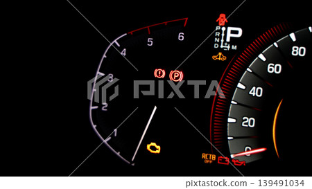 Car dashboard. Modern digital car dashboard with illuminated speedometer warning icons fuel gauge driver assistance and other indicators. Advanced automotive instrument cluster tech in future vehicle 139491034