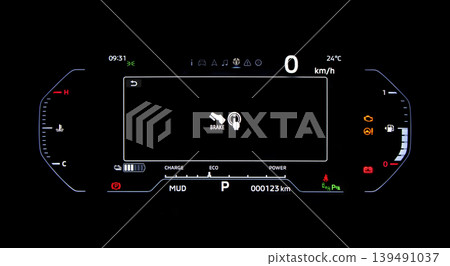 Car dashboard. Modern digital car dashboard with illuminated speedometer warning icons fuel gauge driver assistance and other indicators. Advanced automotive instrument cluster tech in future vehicle Car dashboard. Modern digital car dashboard with illuminated speedometer warning icons fuel gauge driver assistance and other indicators. Advanced automotive instrument cluster tech in future vehicle 139491037