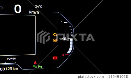 Car dashboard. Modern digital car dashboard with illuminated speedometer warning icons fuel gauge driver assistance and other indicators. Advanced automotive instrument cluster tech in future vehicle 139491038