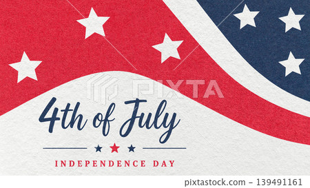 4th of July Independence Day greeting card background with red white blue waves and stars in flat paper banner 139491161
