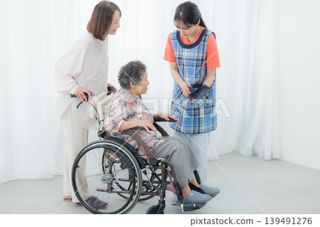 Elderly person in a wheelchair receiving care Elderly person in a wheelchair receiving care 139491276
